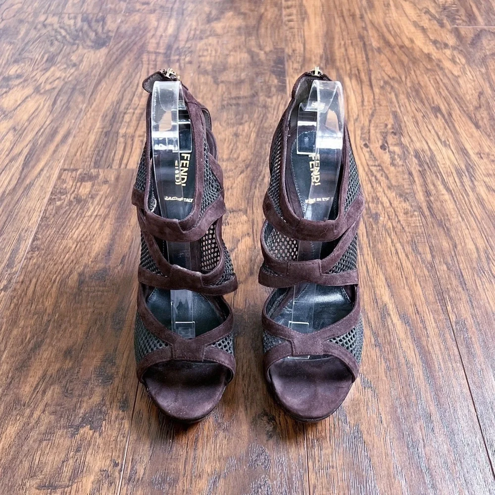 FENDI • Boudoir Sandals suede & mesh cage platform chocolate brown leather